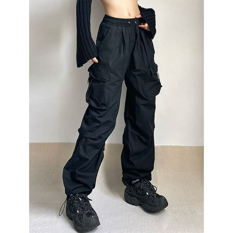 מכנסי מטען מצנח נשים היפ הופ בגדי רחוב מזדמנים Harajuku מותניים אלסטיים מכנסי רגל רחבים אופנה מכנסיים ישרים מוצקים חדשים
