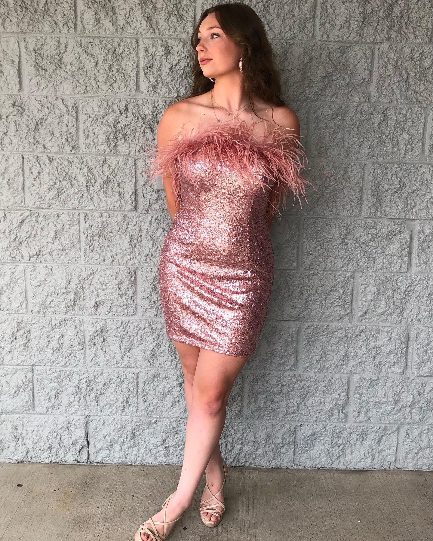 Sequin Mini Hoco Dress NYE Feather Strapless Short Lady Formal Homecoming Party Gown Club Night Cocktail Prom Gala RoseGold Rose Gold