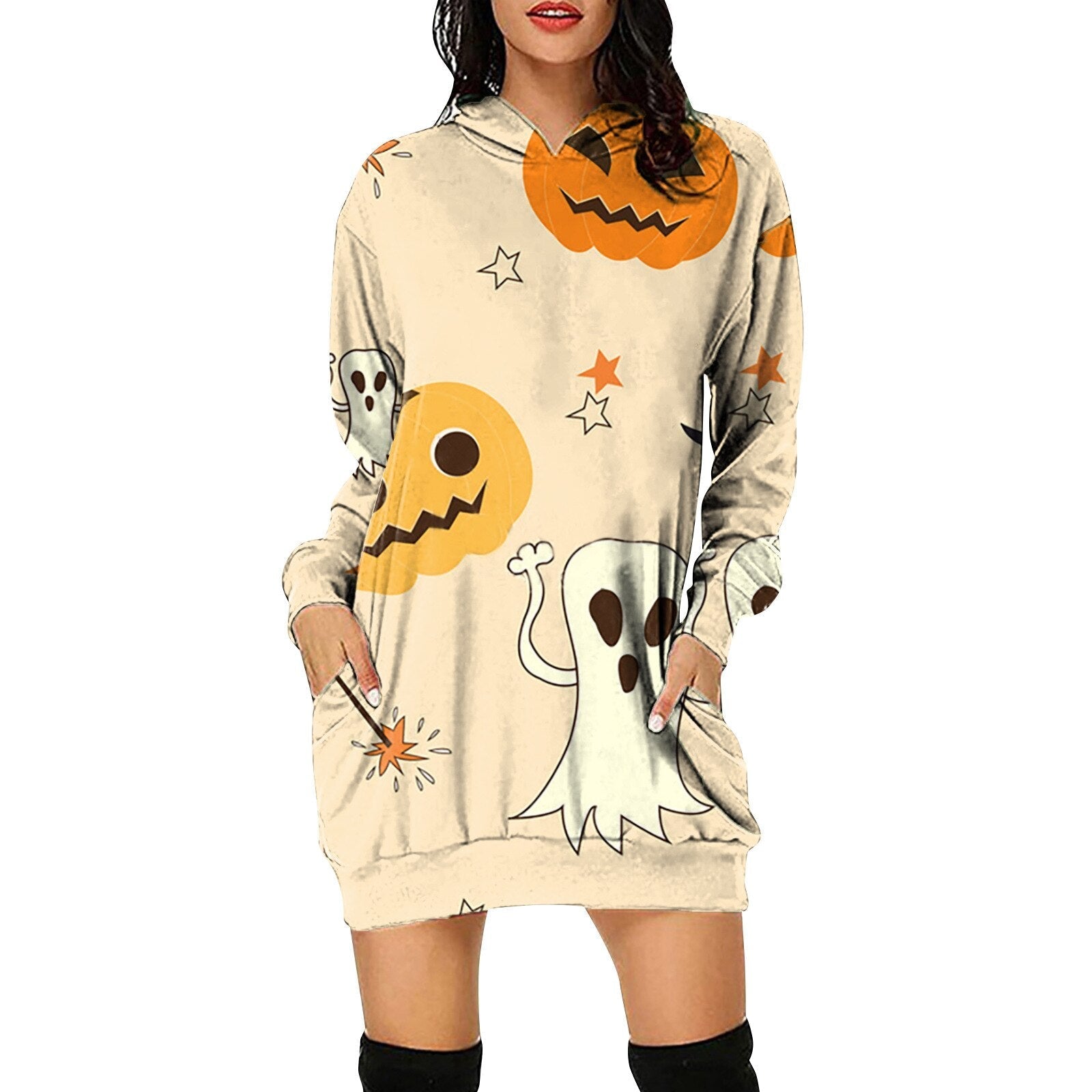 Women's Halloween Pumpkin Printed Sweater Hooded Long Sleeve Dress Sweatshirt Female Women Autumn Spring Casual Hoodies Clothes P06