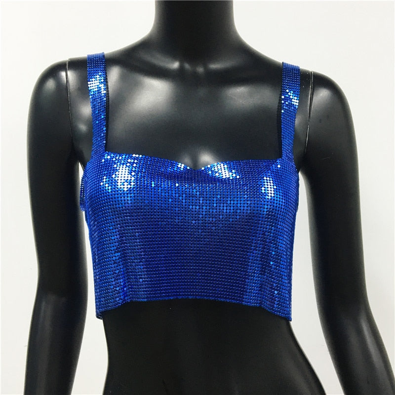 Sexy Metal Sequin Tank Top For Women y2k Summer Beach Backless Crop Top Rave Festival Club Outfits Camisole Jewel Blue One Size