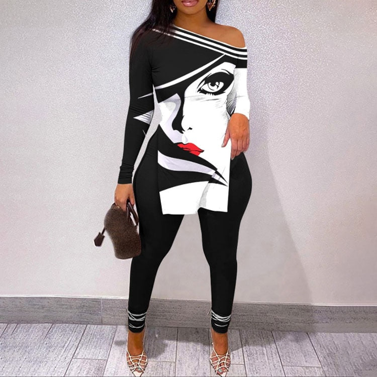 Fall Women Two Piece Sets Outfits Casual Print Side Slit Top And Skinny Pants Tracksuits Fashion Streetwear 2pcs Suits New black 02