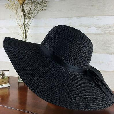 Simple Foldable Wide Brim Floppy Girls Straw Hat Sun Hat Beach Women Summer Hat UV Protect Travel Cap Lady Cap Female Black 55-58cm