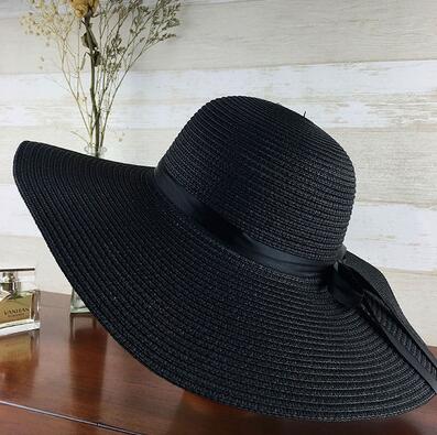 Simple Foldable Wide Brim Floppy Girls Straw Hat Sun Hat Beach Women Summer Hat UV Protect Travel Cap Lady Cap Female Black 55-58cm