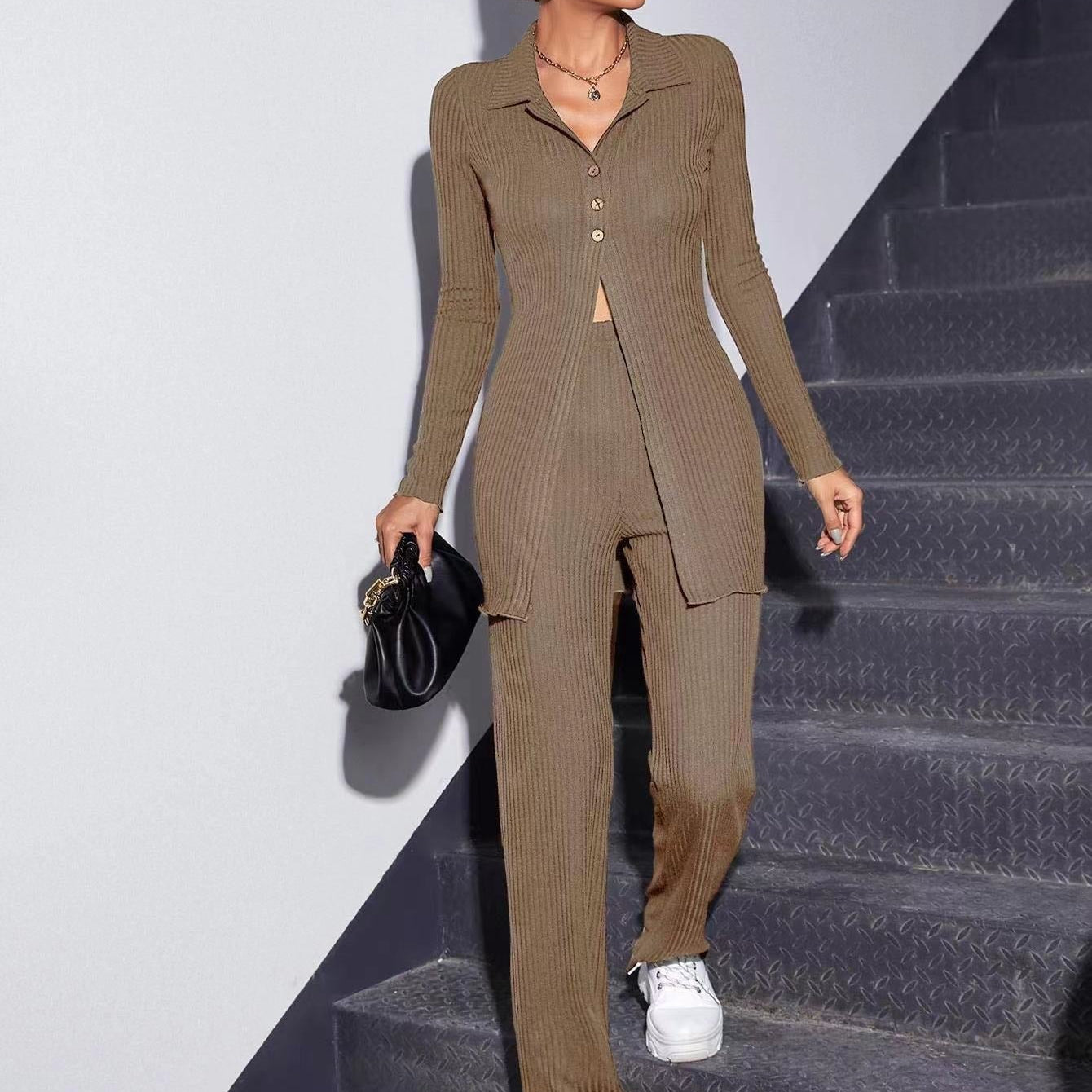 Autumn Knitted Sweater 2 Pcs/Set Women Elegant Stretch Pants Suit Female Ribbed Single-breasted Shirt Top Cardigan Jacket crimson TZ153 1