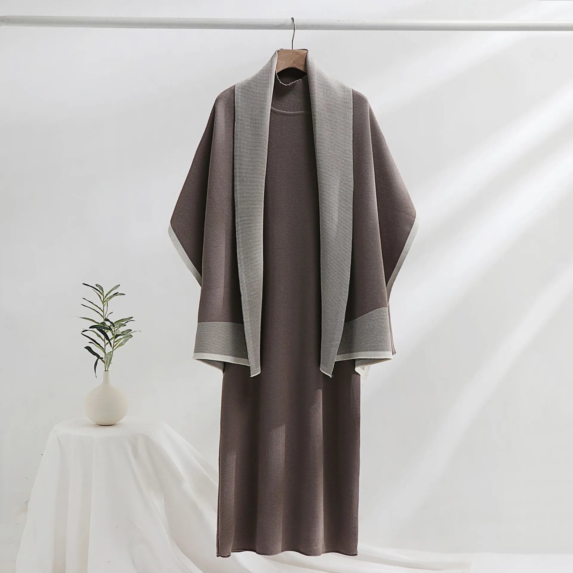 New Winter Temperament Shawl Coat Knitted Dress Women Two Piece Set Large Girls' Loose Skirt Suit Autumn Fashion Elegant Sets Coffee One Size