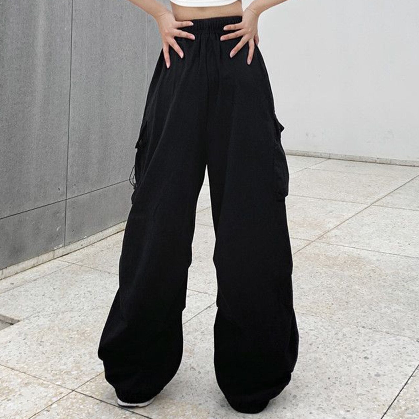 Fashion Casual Cargo Pants American Style Women Casual Cargo Trousers Elastic Waist Vintage with Pockets Solid Color Streetwear