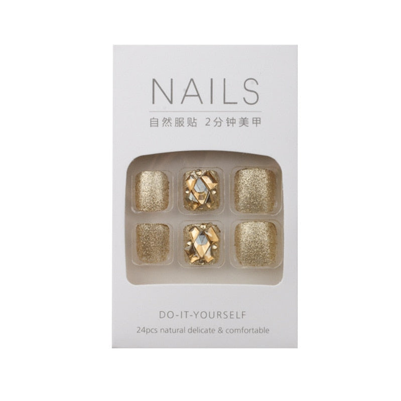 Summer Gold Full Diamond Feet Nails Press On Fake Glitter Toe Nail Stickers Full Cover Toe Nail Tips False Foot Nails