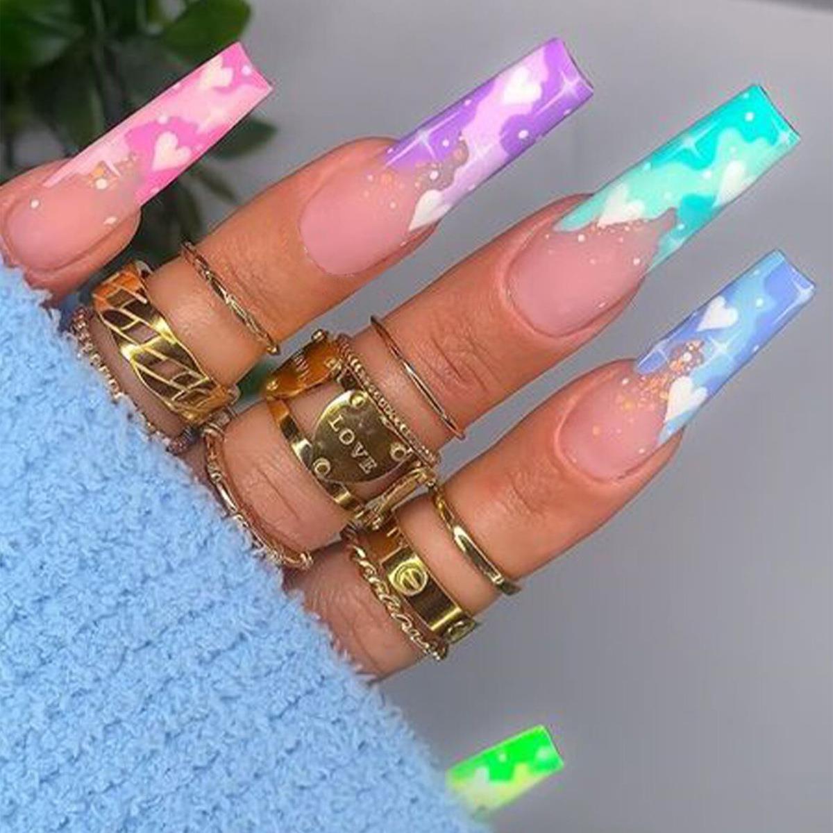 3D Fake Nails Accessories Rainbow Heart With Glitters Long French Coffin Tips Faux Ongles Press på akryl falske negleforsyninger