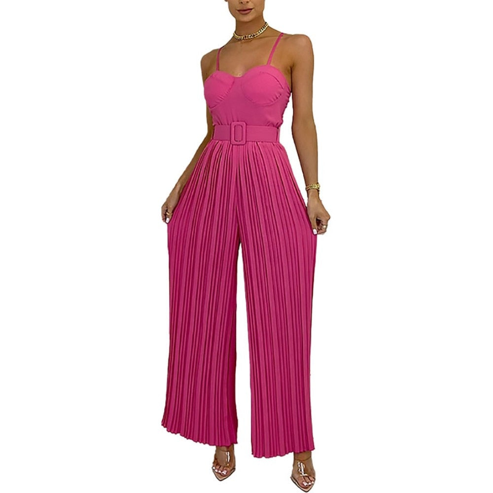 Summer Casual Suspenders Long Jumpsuit Women Sexy Fashion Solid Sleeveless Sashes Pleated Wide Leg Jumpsuit Orange Female Fuchsia