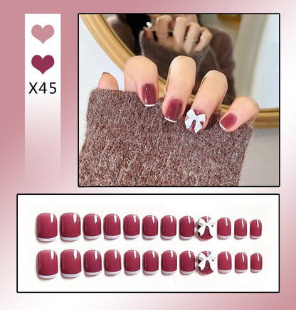 24PCS/Box Bowknot Rabbit Pattern Pearl Short Square Designer Fashion Design French Style Full Covering Pressed Fake Nails