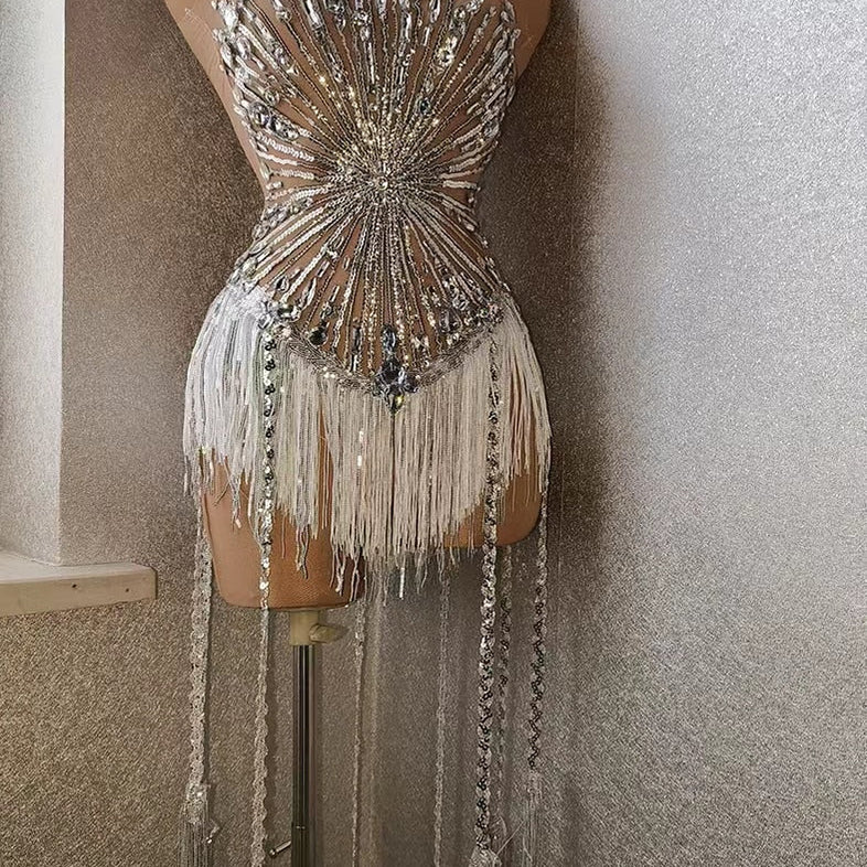 Sexy Rhinestone Crystal Bodysuit Women Big Stretch Tassel Club Prom Drag Queen Costume DS Stage Singer Dance Fringe Leotard