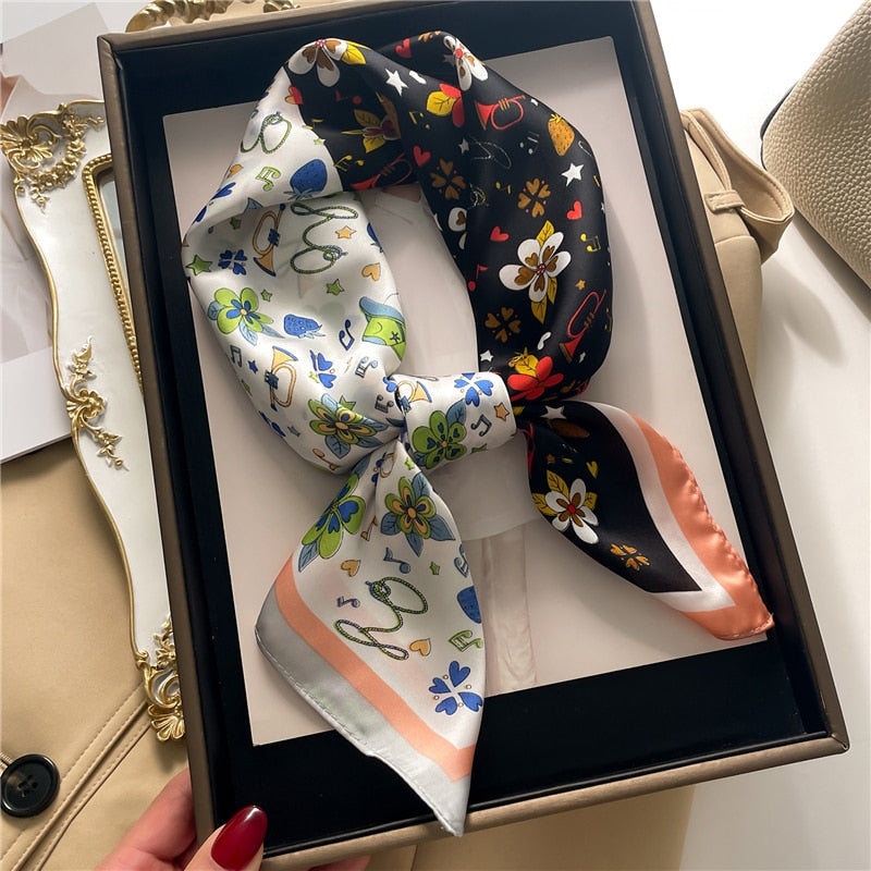 Fashion Hair Scarf for Women Decor Headband Ribbon Satin Silk Square Scarves Lady Wrist Wrap Shawls Design Bandana Foulard FJ713-6