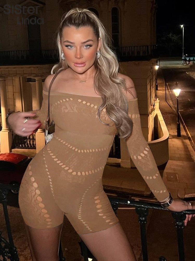 Sisterlinda Sexy Hollow See Through Romper Women Long Sleeve One Shoulder Skinny One Piece Playsuit Female Workout Overalls Brown One Size