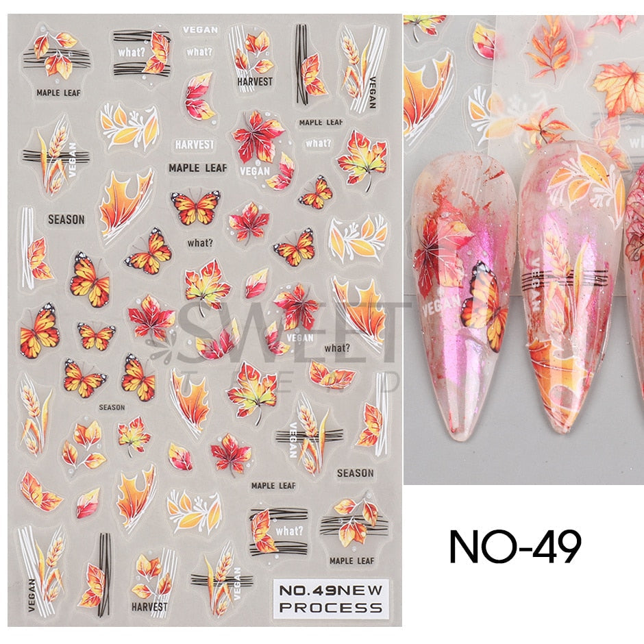 Snow Bird Winter Autumn Nail Art Stickers Maple Leaf Cotton Flower Fall Design Line Adhesive Sliders Manicure Decoration JINO-48 NO-49