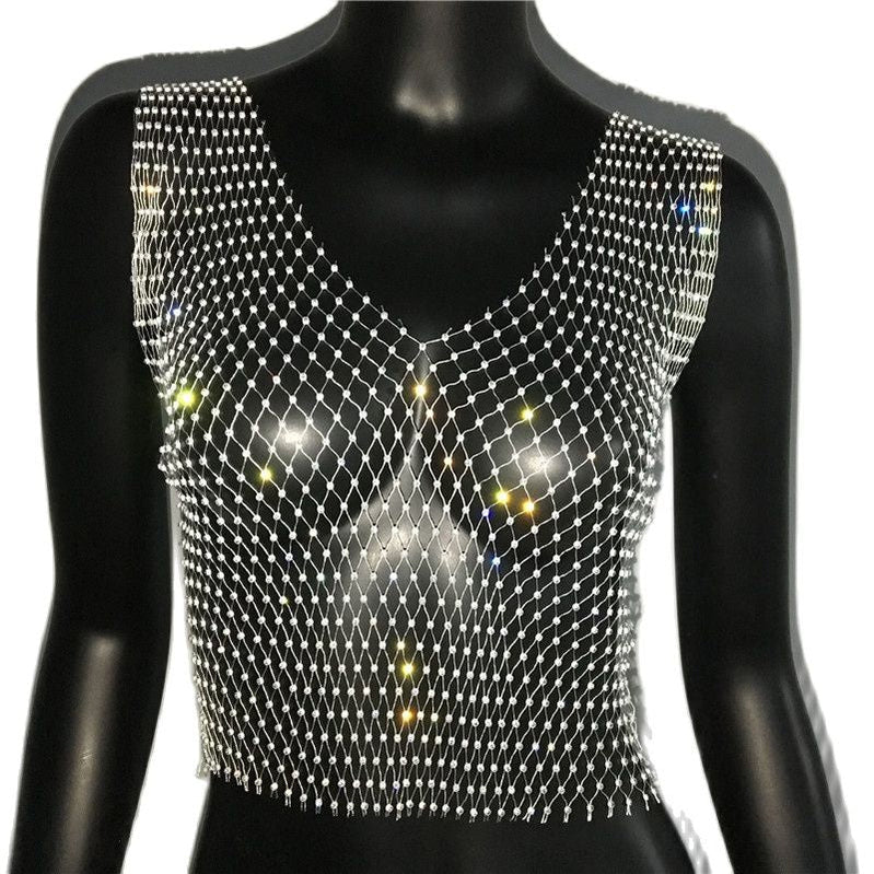 Women's Fishnet Rhinestone Crop Top 2023 Summer Sexy Mesh High Elastic Black White Shirt Net See Through Rave Diamond Tank Top White V neck