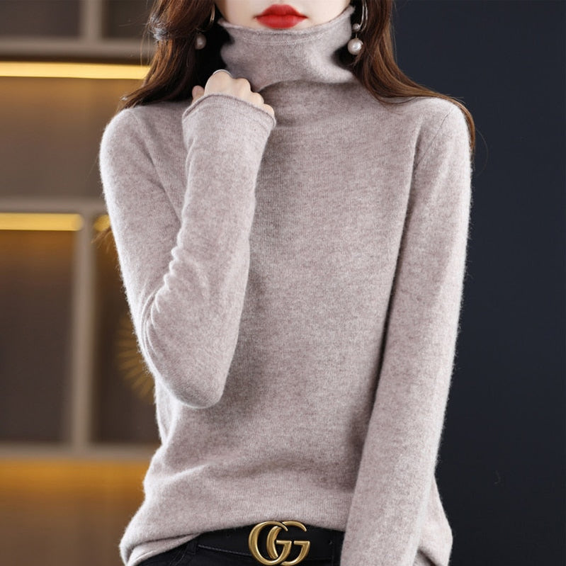 Pure Wool Women Sweater Autumn Winter Fashion Pile Collar Pullover Cashmere Sweater Casual Long-sleeved Knitted Tops