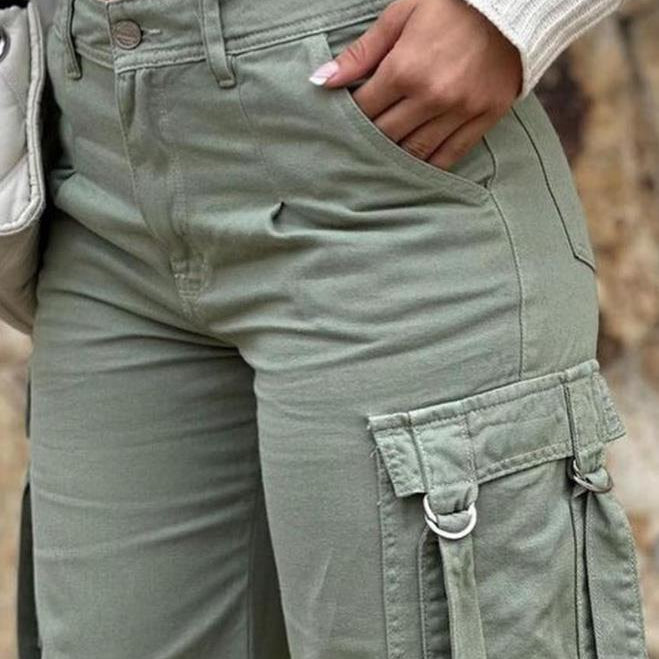 Green Cargo Pants Pocket Design High Waist Button Solid Color Pants Summer New Fashion Loose Women's Pants Streetwear
