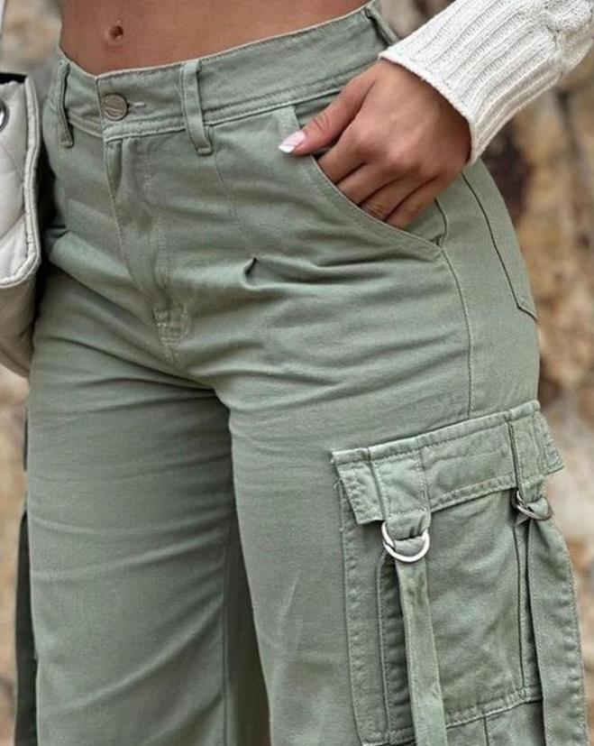 Green Cargo Pants Pocket Design High Waist Button Solid Color Pants Summer New Fashion Loose Women's Pants Streetwear