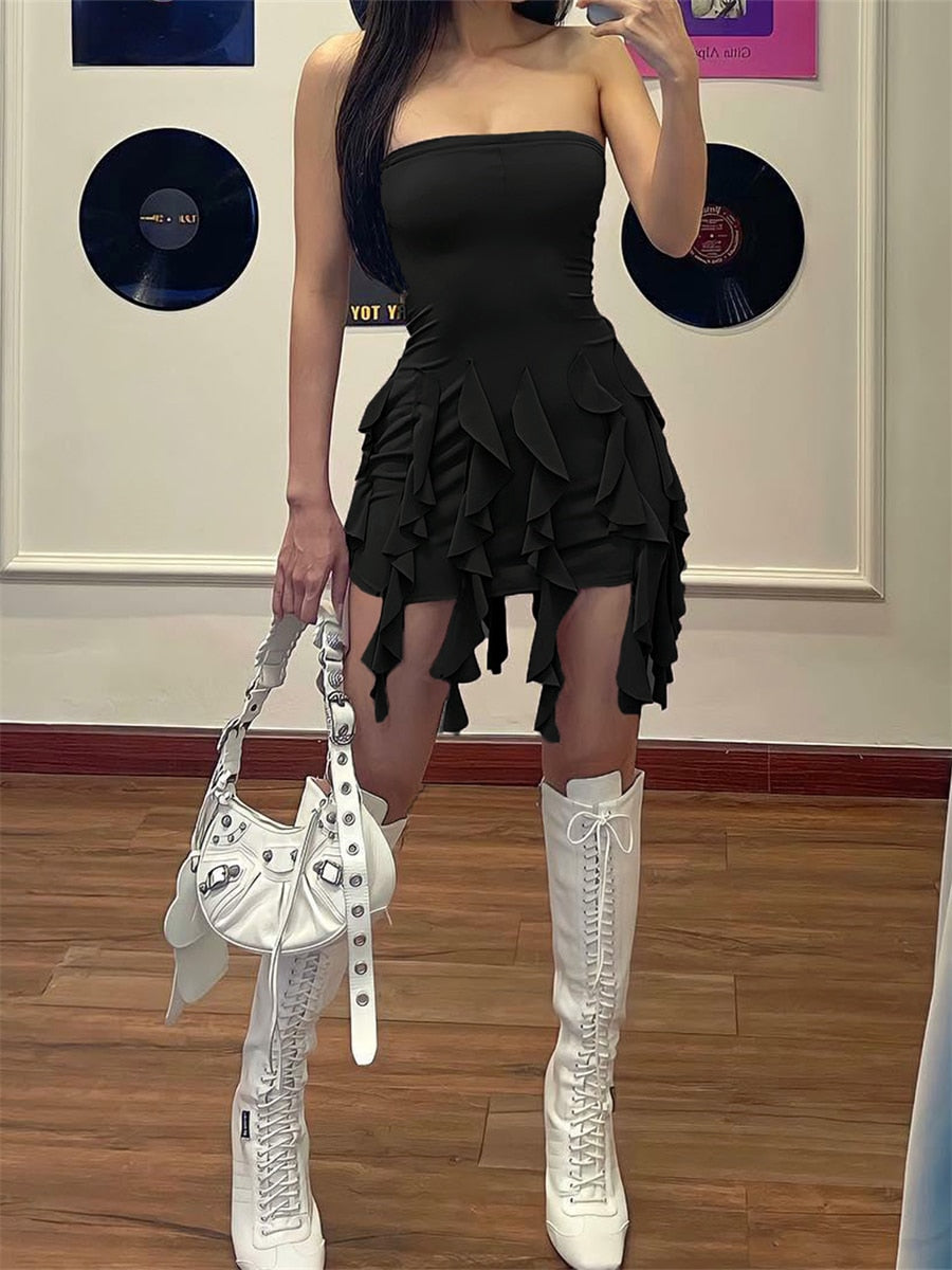 Summer Women Fairy Ruffle Tassels Bodycon Dress Women Off-Shoulder Strapless Irregular Mini Dress Streetwear Black