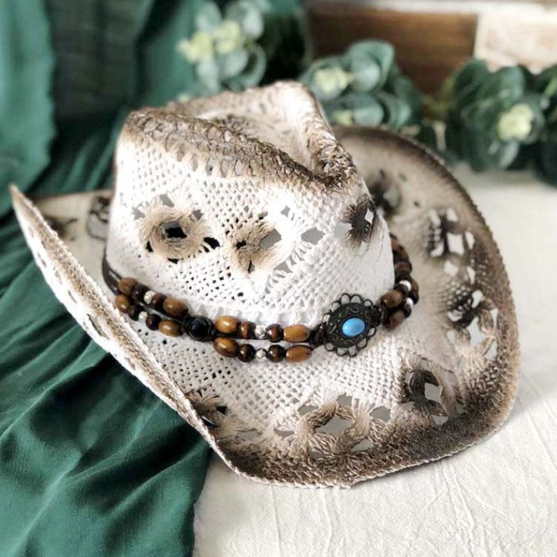 Fashion Rolled Jazz Cowboy Straw Hat Spring And Summer Men And Women Gem Strap Beach Sun Cap Outdoor Sun Shade Hollow Knight Hat White