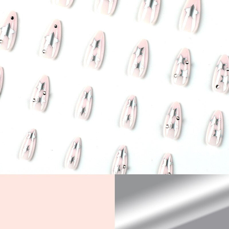 Sweet Cool Silver Stars Rhinestone Wearable Almond Shape Fake Nails Y2K Finished False Nails Press on Nails with Glue Wholesale