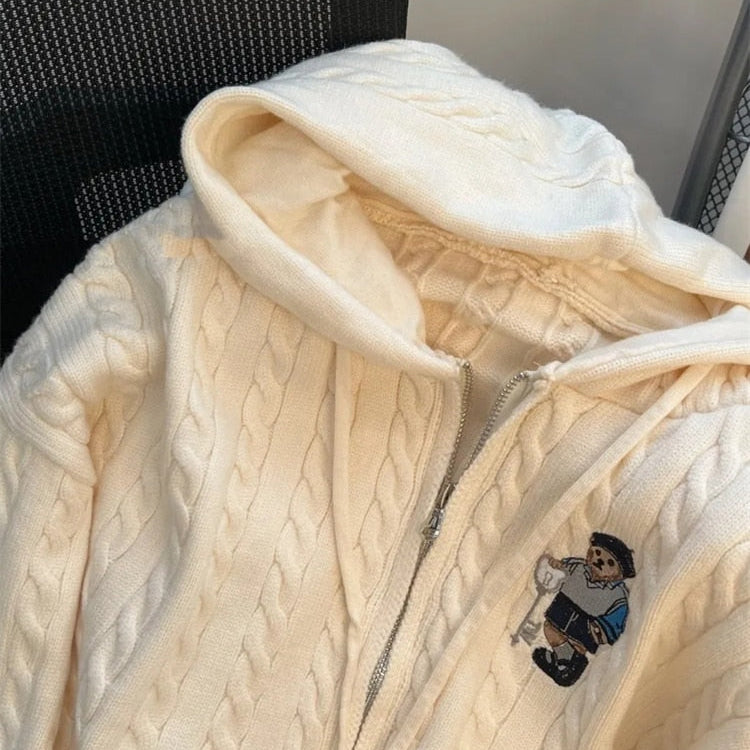 Vintage Hooded Loose Knitted Cardigan Long Sleeve Zipper Tops Retro Women Spring Fall Sweater Casual New Knitwears Gilet