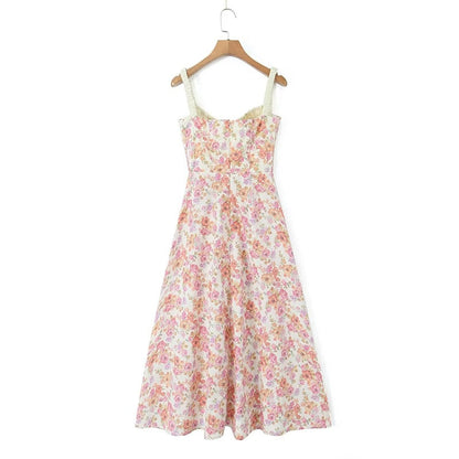YENKYE 2023 Women French Style Floral Print A-line Midi Sling Dress Sexy Sleeveless Front Slit Female Holiday Party Summer Dress