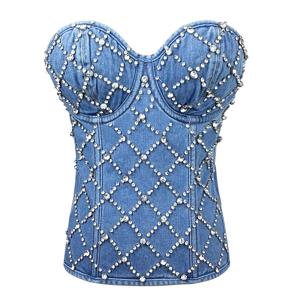 New Women Sexy Fashion Crop Top Diamond Flower Strapless Vest Bustier Bra Night Club Party Tank Top Female Green