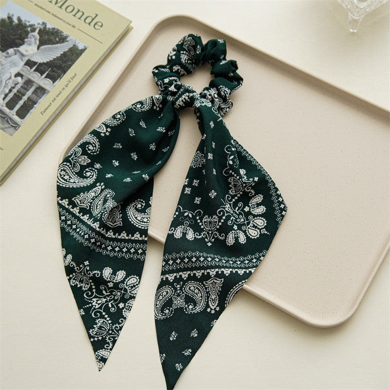 Fashion Print Chiffon Long Ribbon Scrunchies Women Girls Ponytail Scarf Elastic Hair Bands Ties Hair Accessories Wholesale 41