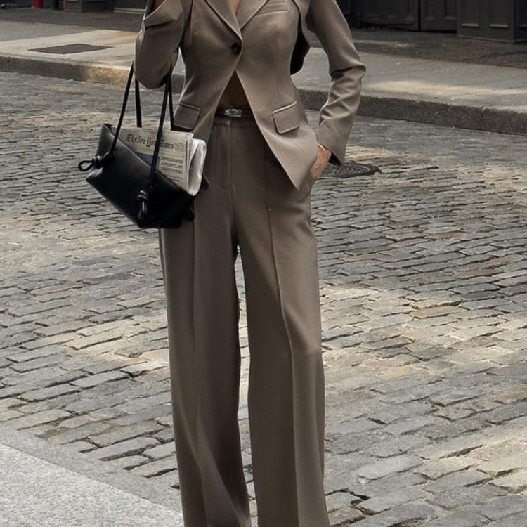 Casual Two Piece Sets For Women Notched Collar Detachable Long Sleeve Blazer High Waist straigth Trousers Solid Sets Female