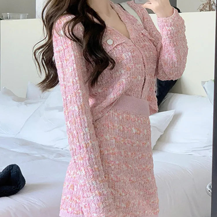 Two Piece Dress Set Sweet Cardigan Sweater + Slim Skirt Pink Elegant Y2k Mini Dress Autumn Office Lady Casual Knitted Suits