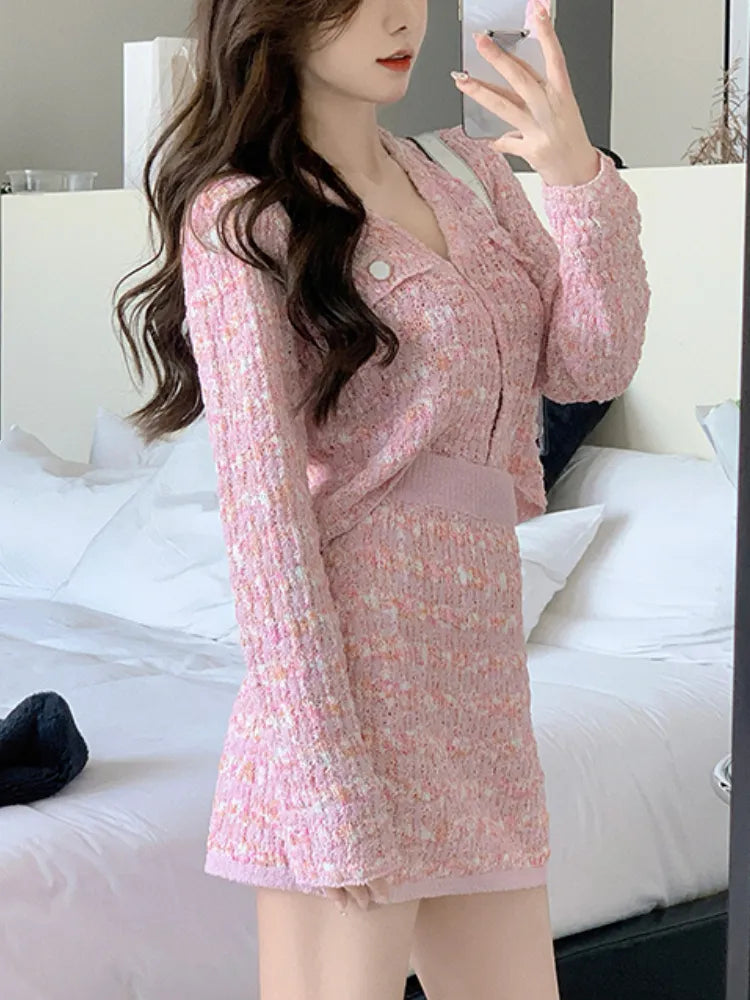 Two Piece Dress Set Sweet Cardigan Sweater + Slim Skirt Pink Elegant Y2k Mini Dress Autumn Office Lady Casual Knitted Suits