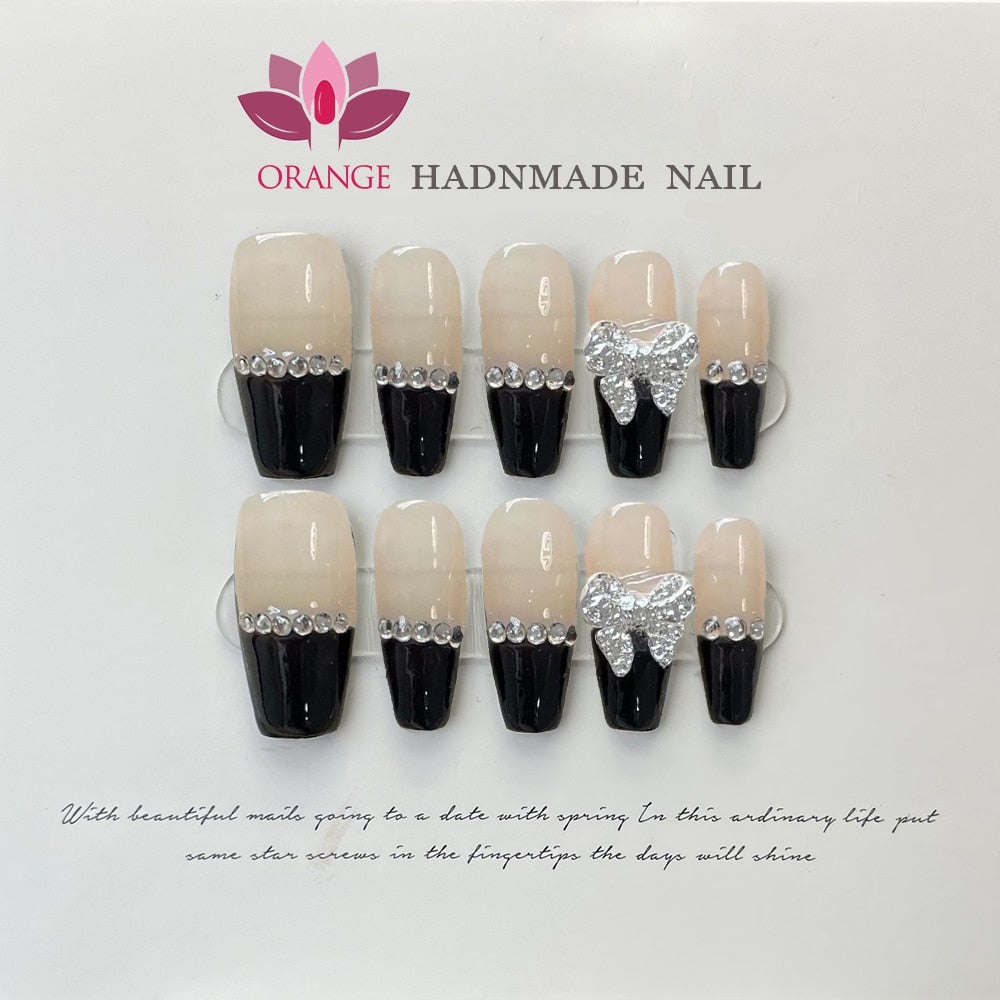 Black Fake Press on Nails Full Cover Ballerina Korean Handmade Manicuree Heart Decoration Nail Art Wearable Artificial Nail Tips Spain