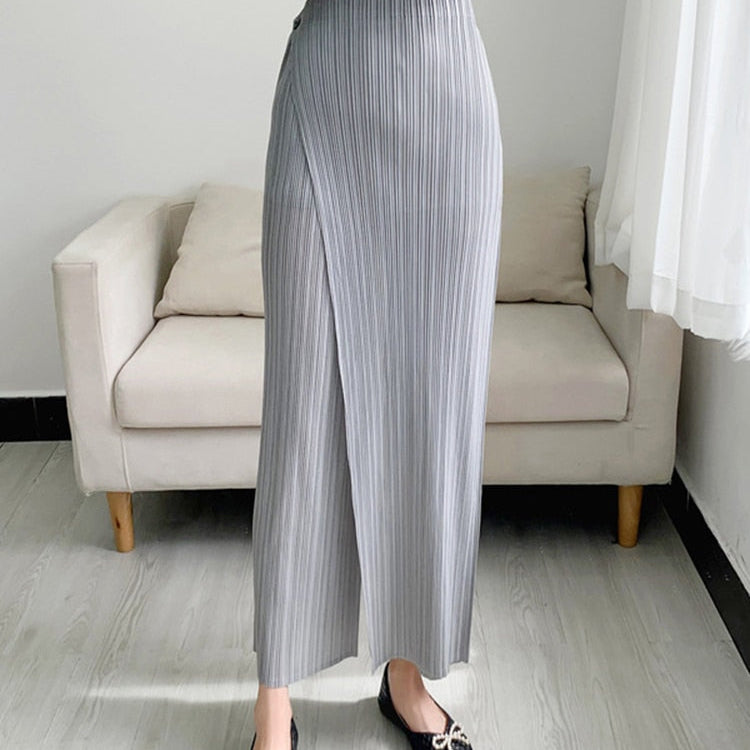 YUDX Women Pleated Solid Color Ankle-length Pants Elastic Waist Wide Leg Straight Female Trsouser Loose Summer Gray One Size
