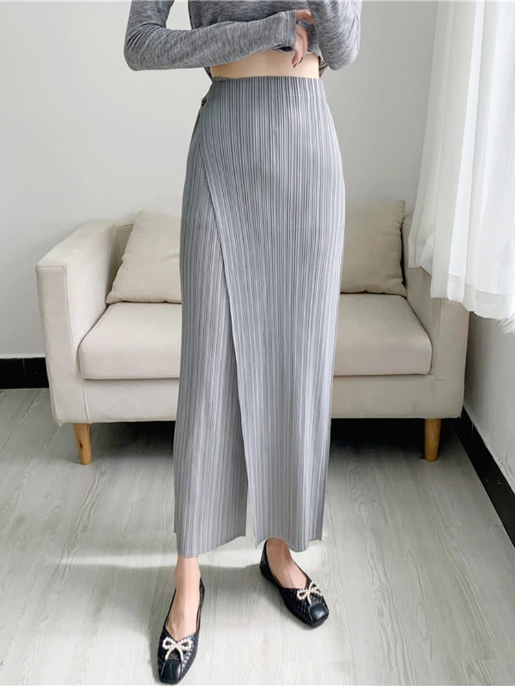 YUDX Women Pleated Solid Color Ankle-length Pants Elastic Waist Wide Leg Straight Female Trsouser Loose Summer Gray One Size