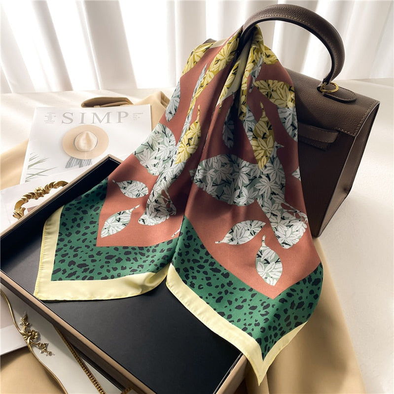Luxury Print Satin Silk Square Scarf for Women Shawl Hijab Neckerchief Female Hair Ribbon Headband Fashion Wrap Bandana New FJ668-2