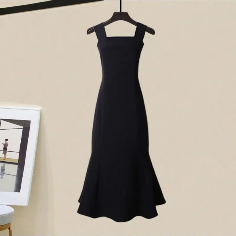 Women's Spring Autumn Fashion Knitted Sweater+Strap Dress Two-piece Korean Elegant New in Matching Sets Female Skirt Suit Black Dress