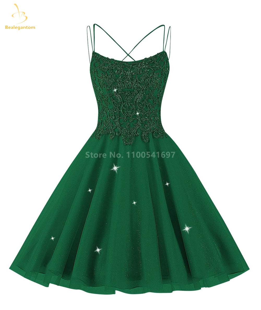 Bealegantom Lace Beaded Spaghetti Homecoming Dresses Sparkly Tulle Pageant Short Prom Party Cocktail Gown Vestidos De Graudation