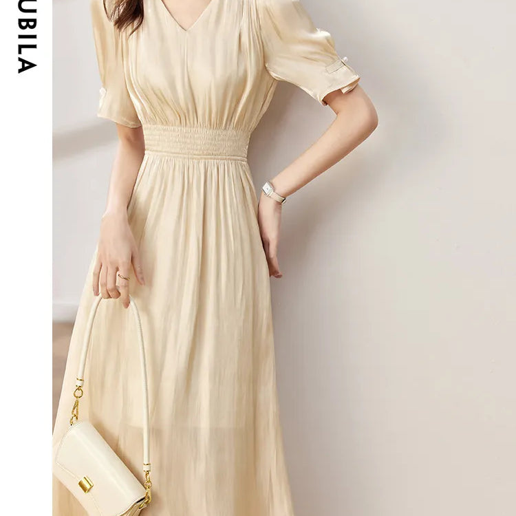 Vintage Elegant Dresses for Women Summer Fashion V-Neck Empire Puff Sleeves A-Line Long Dresses Women Clothing apricot