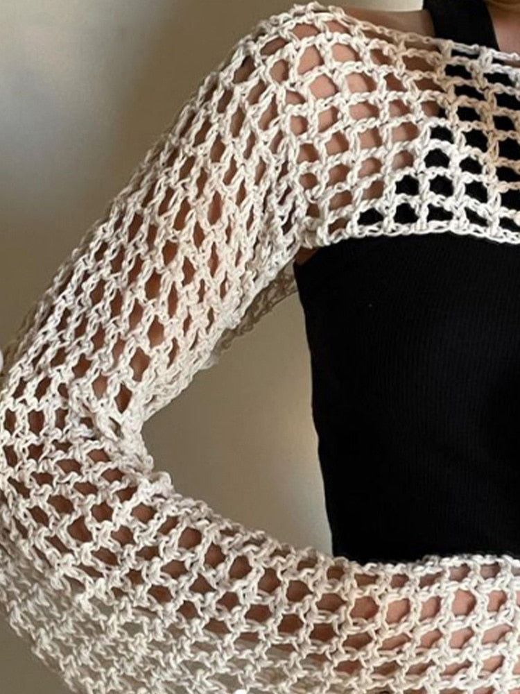 Summer Long Sleeve Smock Knitted Crop Top Women Y2k Beach Sexy Backless Hollow Out T Shirts Green Party Casual Pullovers Beige