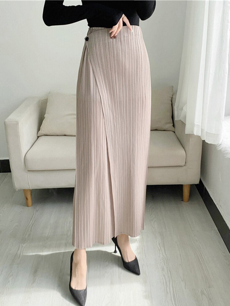 YUDX Women Pleated Solid Color Ankle-length Pants Elastic Waist Wide Leg Straight Female Trsouser Loose Summer Khaki One Size