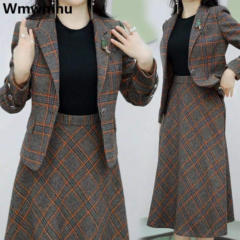 Elegant Plaid Skirts 2 Piece Set Slim Blazer Tops + A-line Vintage Skirt Korean Casual Tracksuit Spring Fall New Women Ensembles