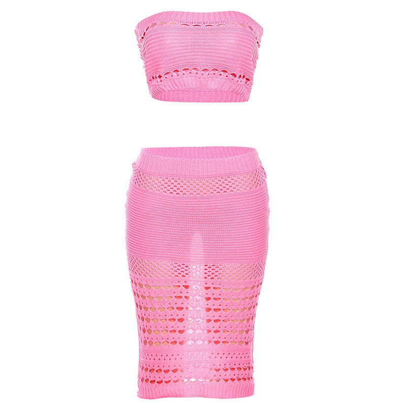 Europe station new 2023 Amazon summer European and American Women's knitted tube top slim sexy long skirt suit Pink