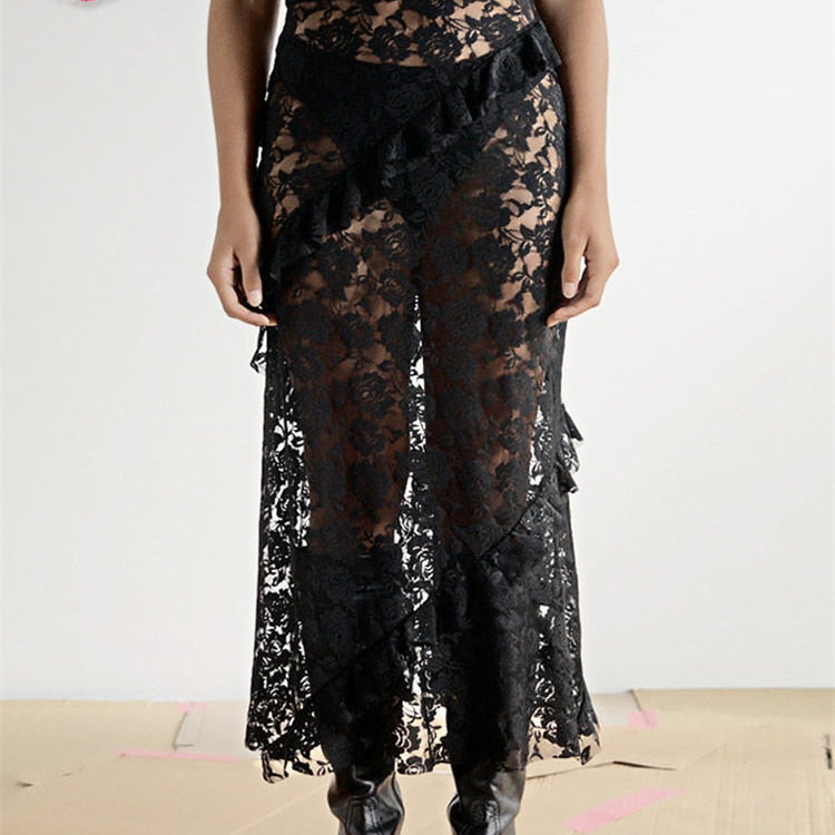 Tossy Lace Ruffled See-Through Maxi Skirt Women Slim Patchwork Party Holiday Women's Long Skirt Outfits Female Summer Maxi Skirt
