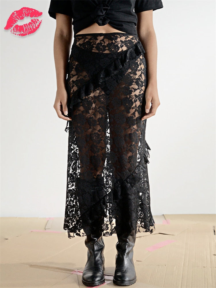 Tossy Lace Ruffled See-Through Maxi Skirt Women Slim Patchwork Party Holiday Women's Long Skirt Outfits Female Summer Maxi Skirt