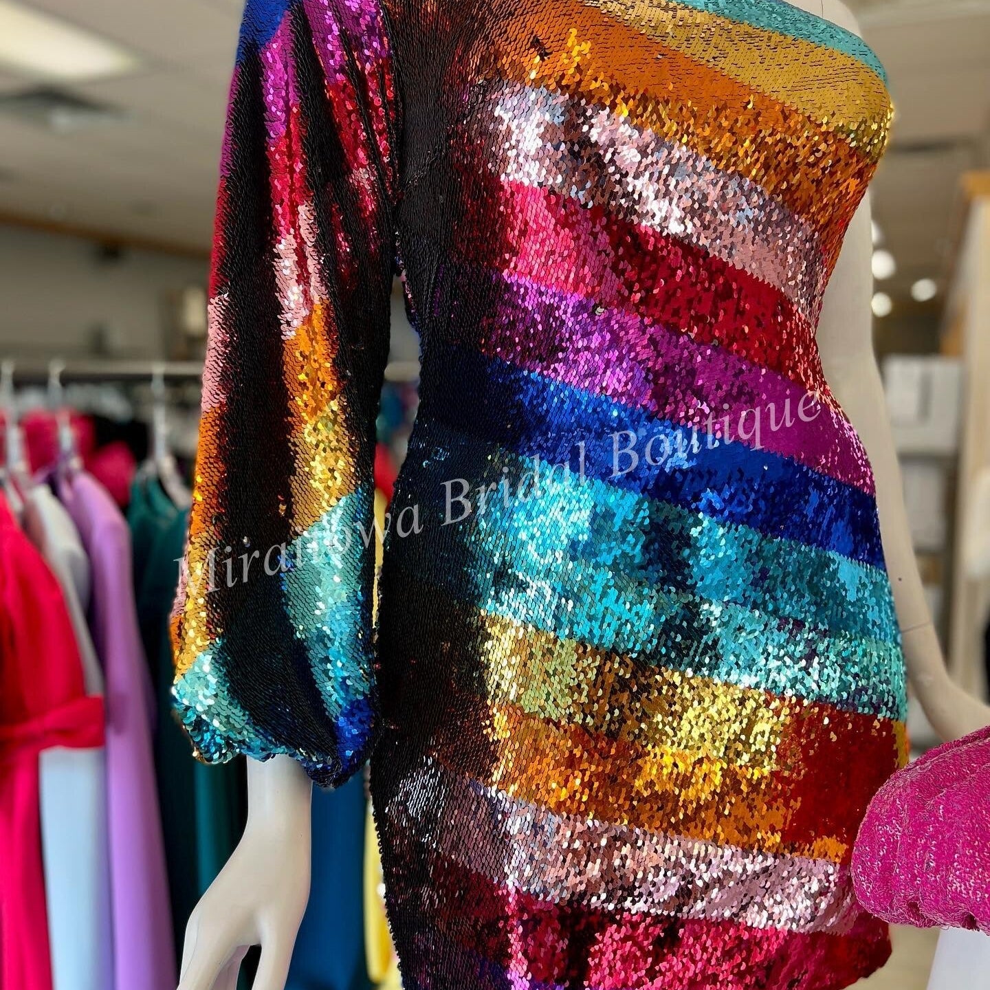 Multicolor Cocktail NYE Dress One Long Sleeve Rainbow Sequins Lady Formal Event Mini Party Gown Club Night Out Hoco Gala