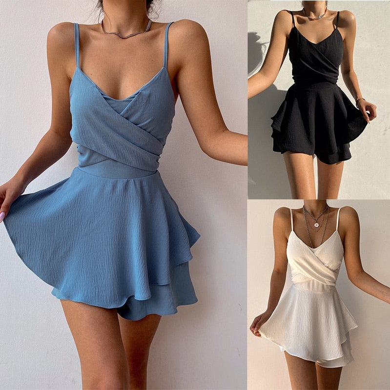New Slim Spaghetti Strap Sexy Jumpsuits Y2k Solid Ruffles Summer Rompers Casual Threaded Slip Playsuit Female 2023 Ropa Mujer