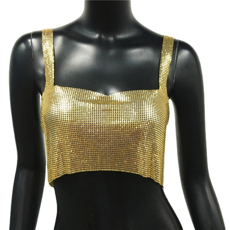 Sexy Metal Sequin Tank Top For Women y2k Summer Beach Backless Crop Top Rave Festival Club Outfits Camisole Gold color One Size