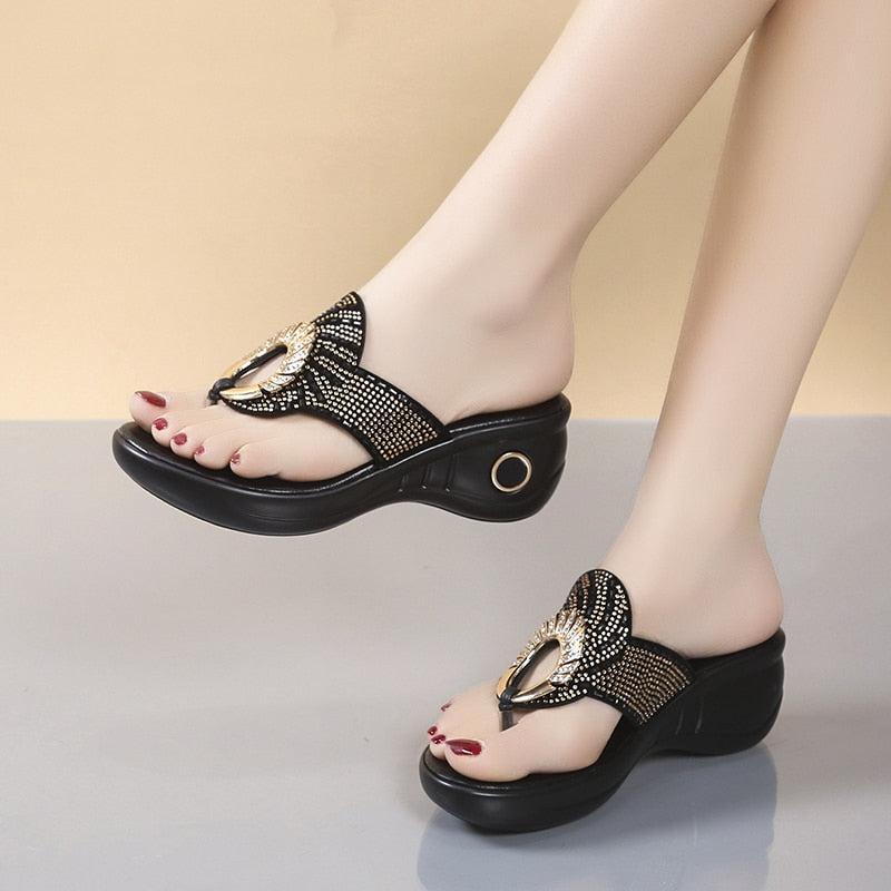 Women's Open Toe Slippers Sequins Decor Platform Ladylike Sweet New Summer Fashion Popular Comfy High Thick Heel Slippers Gold