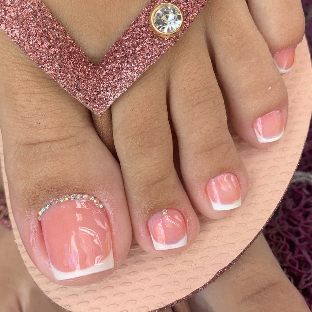Glitter Crystal French Press On Toenails Diamond Decor False Toe Nails Square Head Artificial Nails Patch For Feet H36